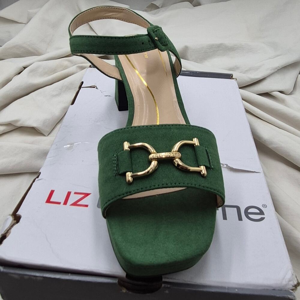Liz Claiborne Green Suede Block Heel Sandals with Gold Accent